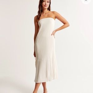 White strapless pleated midi dress